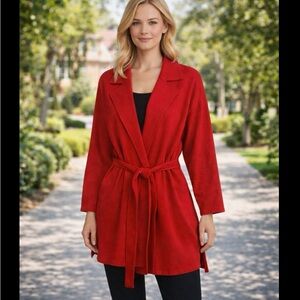 ST. John Santana Knit Wool Blend Collared Women Large Open Jacket Tie Waist Red